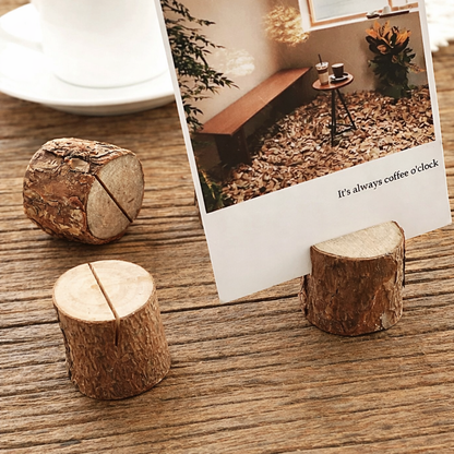 Kort- och memohållare i trä med trädstubbe – 10-pack – Foto, visitkort & meddelanden